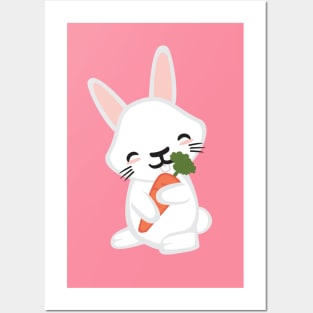 Kawaii Cute Bunny Rabbit Animal with Carrot Kid Design Posters and Art